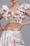 Parul | Vivek_Off White Dutchess Satin And Tulle V Neck Floral Print Crop Top & Skirt Set _at_Aza_Fashions