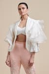 Parul | Vivek White Volvo And Moss Crepe Lapel Collar Ruffled Jacket & Pant Set Online at Aza Fashions Parul | Vivek_White Volvo And Moss Crepe Lapel Collar Ruffled Jacket & Pant Set _Online_at_Aza_Fashions