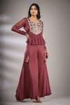 Buy_Pallavi Jaipur_Wine Pant Satin Blend, Top Lining Shantoon, Embroidered Peplum And Flared Set _Online_at_Aza_Fashions