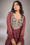 Pallavi Jaipur_Wine Pant Satin Blend, Top Lining Shantoon, Embroidered Peplum And Flared Set _at_Aza_Fashions