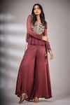 Pallavi Jaipur_Wine Pant Satin Blend, Top Lining Shantoon, Embroidered Peplum And Flared Set _Online_at_Aza_Fashions
