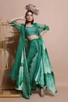 Shop_Pallavi Jaipur_Green Chanderi Cape Open And Pant Set  _at_Aza_Fashions