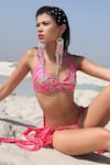 Pallavi Jaipur_Pink Stretch Satin Embroidery V Neck Bikini Set  _at_Aza_Fashions