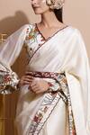 Pallavi Jaipur_White Chanderi, Shantoon, Bemberg V Neck Floral Print Saree With Blouse _Online_at_Aza_Fashions