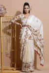 Shop_Pallavi Jaipur_White Chanderi, Shantoon, Bemberg V Neck Saree With Blouse _at_Aza_Fashions
