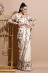 Pallavi Jaipur_White Chanderi, Shantoon, Bemberg V Neck Saree With Blouse _Online_at_Aza_Fashions