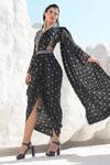 Buy_Pallavi Jaipur_Black Chanderi, Satin Blend V Neck Printed Skirt Saree Set _Online_at_Aza_Fashions