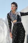 Shop_Pallavi Jaipur_Black Chanderi, Satin Blend V Neck Printed Skirt Saree Set _Online_at_Aza_Fashions