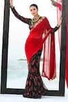 Shop_Pallavi Jaipur_Red Chiffon, Satin Blend Round Printed Pre-draped Saree Set _at_Aza_Fashions
