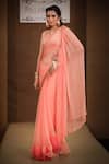 Shop_Pallavi Jaipur_Peach Saree Chiffon And Blouse Raw Silk Lining Embroidered Ruffle With_Online_at_Aza_Fashions