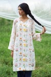 Buy_Pozruh by Aiman_White Pure Hemp V Neck Floral Printed Kurta  _at_Aza_Fashions