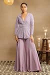 Buy_ISHA & SHREYA_Purple Silk Crepe Embroidery Raina Embellished Jacket Sharara Set _at_Aza_Fashions