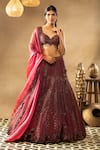 Buy_ISHA & SHREYA_Red Silk Crepe Embroidery Sequins Leila Embellished Bridal Lehenga Set _Online_at_Aza_Fashions