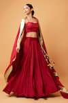 Buy_Quench A Thirst_Red Modal Silk Plain Scoop Neck Lehenga Set With Border Embroidered Dupatta _at_Aza_Fashions