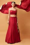 Quench A Thirst_Red Modal Silk Plain Scoop Neck Lehenga Set With Border Embroidered Dupatta _Online_at_Aza_Fashions