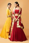 Quench A Thirst_Red Modal Silk Plain Scoop Neck Lehenga Set With Border Embroidered Dupatta _at_Aza_Fashions