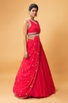 Quench A Thirst_Fuchsia Georgette Embellished Cutdana V Neck Draped Lehenga And Blouse Set _Online_at_Aza_Fashions