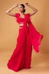 Buy_Quench A Thirst_Fuchsia Georgette Plain Square Neck Ruffle Pre-draped Saree With Blouse_at_Aza_Fashions