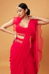 Shop_Quench A Thirst_Fuchsia Georgette Plain Square Neck Ruffle Pre-draped Saree With Blouse_Online_at_Aza_Fashions