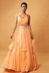 Buy_Quench A Thirst_Peach Georgette Embroidery Sequin V Neck Draped Top And Lehenga Set _at_Aza_Fashions