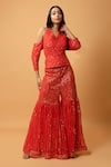 Buy_Quench A Thirst_Red Modal Net Embroidery Sequin Halter Neck Top And Sharara Set _at_Aza_Fashions