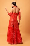 Shop_Quench A Thirst_Red Modal Net Embroidery Sequin Halter Neck Top And Sharara Set _at_Aza_Fashions