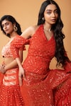 Shop_Quench A Thirst_Red Modal Net Embroidery Sequin Halter Neck Top And Sharara Set _Online_at_Aza_Fashions