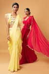 Shop_Quench A Thirst_Yellow Georgette Embellished Floral Square Ruffle Pre-draped Saree With Blouse _at_Aza_Fashions