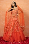 Buy_Quench A Thirst_Orange Soft Net Hand Work Bead V Neck Embroidered Anarkali Lehenga Set _at_Aza_Fashions