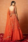 Shop_Quench A Thirst_Orange Soft Net Hand Work Bead V Neck Embroidered Anarkali Lehenga Set _at_Aza_Fashions