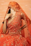 Quench A Thirst_Orange Soft Net Hand Work Bead V Neck Embroidered Anarkali Lehenga Set _Online_at_Aza_Fashions