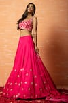 Quench A Thirst_Fuchsia Modal Silk Hand Work Mirror Deep U Neck Zari Lehenga Set _Online_at_Aza_Fashions