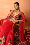 Quench A Thirst_Red Applique Hand Sequin And Thread Plunge V Neck Lehenga Set _Online_at_Aza_Fashions