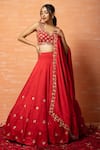 Buy_Quench A Thirst_Red Modal Silk Hand Work Mirror Deep U Neck Zari Lehenga Set _at_Aza_Fashions