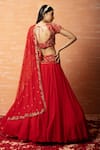 Shop_Quench A Thirst_Red Hand Thread And Zari V Neck Lehenga Set _at_Aza_Fashions