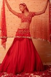 Quench A Thirst_Red Hand Thread And Zari V Neck Lehenga Set _Online_at_Aza_Fashions