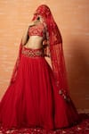 Buy_Quench A Thirst_Red Hand Thread And Zari V Neck Lehenga Set _Online_at_Aza_Fashions