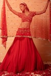 Shop_Quench A Thirst_Red Hand Thread And Zari V Neck Lehenga Set _Online_at_Aza_Fashions