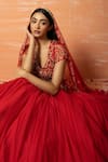 Quench A Thirst_Red Hand Thread And Zari V Neck Lehenga Set _at_Aza_Fashions