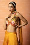 Buy_Quench A Thirst_Yellow Modal Silk Applique Hand Sequin And Thread Plunge V Lehenga Set _Online_at_Aza_Fashions