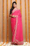 Buy_Ruar India_Pink Chiffon Embroidered Saree With Blouse_at_Aza_Fashions