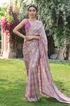 Buy_Sonia Baderia_Pink Georgette Lame Printed Lace Work V Neck Floral Saree With Blouse_at_Aza_Fashions