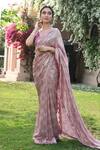 Sonia Baderia_Pink Georgette Lame Printed Lace Work V Neck Floral Saree With Blouse_Online_at_Aza_Fashions