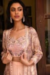 SONIA BADERIA_Peach Georgette Lame Printed Bead Work Sweetheart Floral Jacket Sharara Set _at_Aza_Fashions