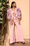 Buy_SONIA BADERIA_Pink Net Printed Floral V Neck Puff Sleeve Jacket Pant Set _at_Aza_Fashions