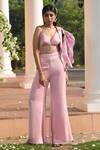 SONIA BADERIA_Pink Net Printed Floral V Neck Puff Sleeve Jacket Pant Set _Online_at_Aza_Fashions