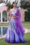 Buy_Sonia Baderia_Purple Net Embroidered Ostrich Feathers V Neck Sequin Work Lehenga Set_at_Aza_Fashions