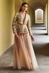 Buy_Pankaj & Nidhi_Beige Jacket Tulle Embellished Lapel And Sharara Set  _at_Aza_Fashions