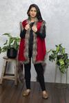 Buy_Rhe-Ana_Red Wool Diamond Motif Open Neck Faux Fur Cape _at_Aza_Fashions