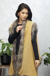 Shop_Rhe-Ana_Yellow Wool Fur Open Neck Faux Cape _Online_at_Aza_Fashions